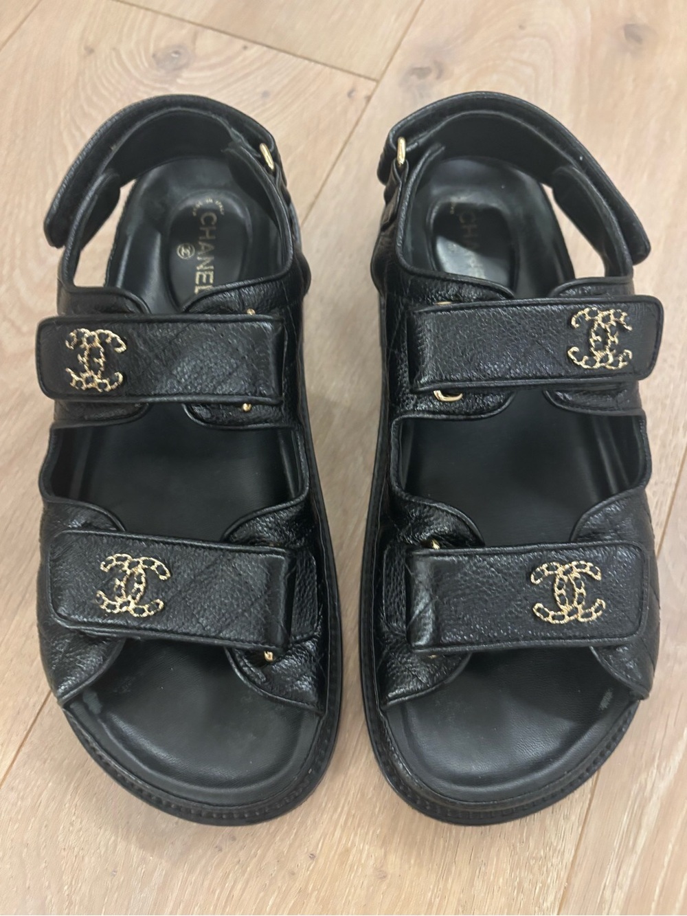 CHANEL Black Leather Velcro CC Logo Sandals with Gold Hardware